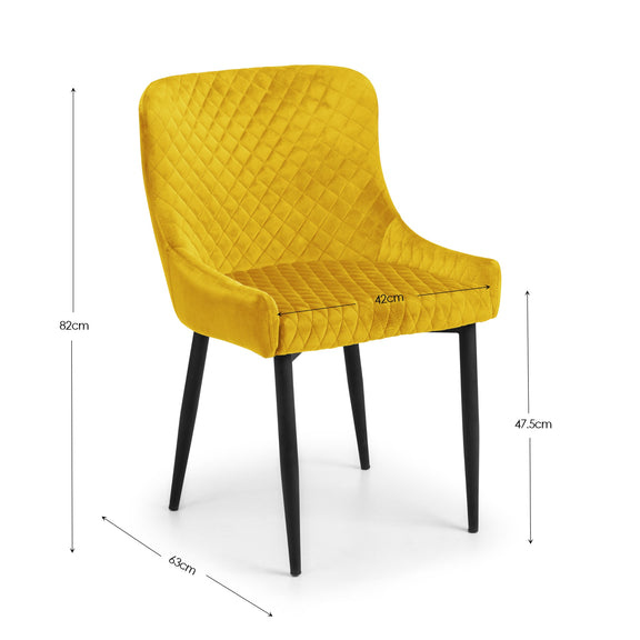 Yellow quilted chair with dimensions on a white background