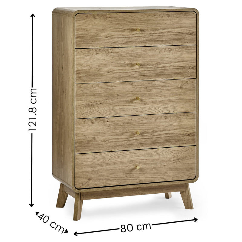 Wooden dresser with dimensions on a white background