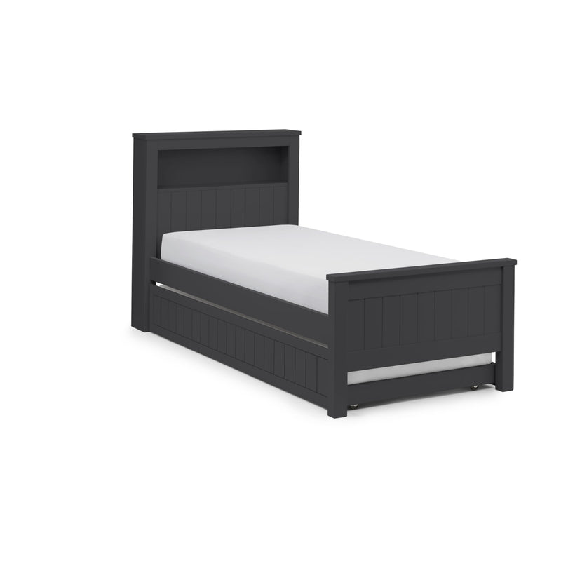 Black wooden bed frame with white mattress on a white background