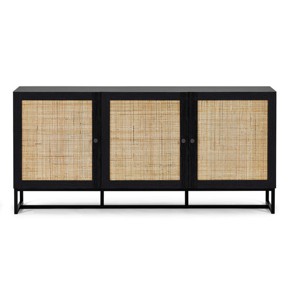 Black cabinet with rattan doors on a white background