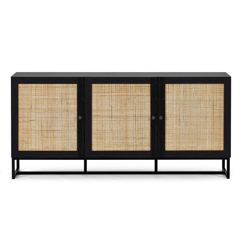 Black cabinet with rattan doors on a white background