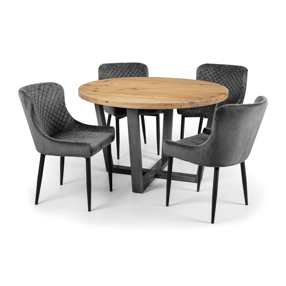 Round wooden table with four gray chairs on a white background
