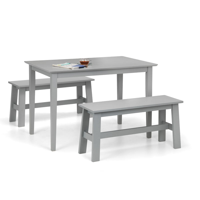 Gray dining table with two benches on a white background