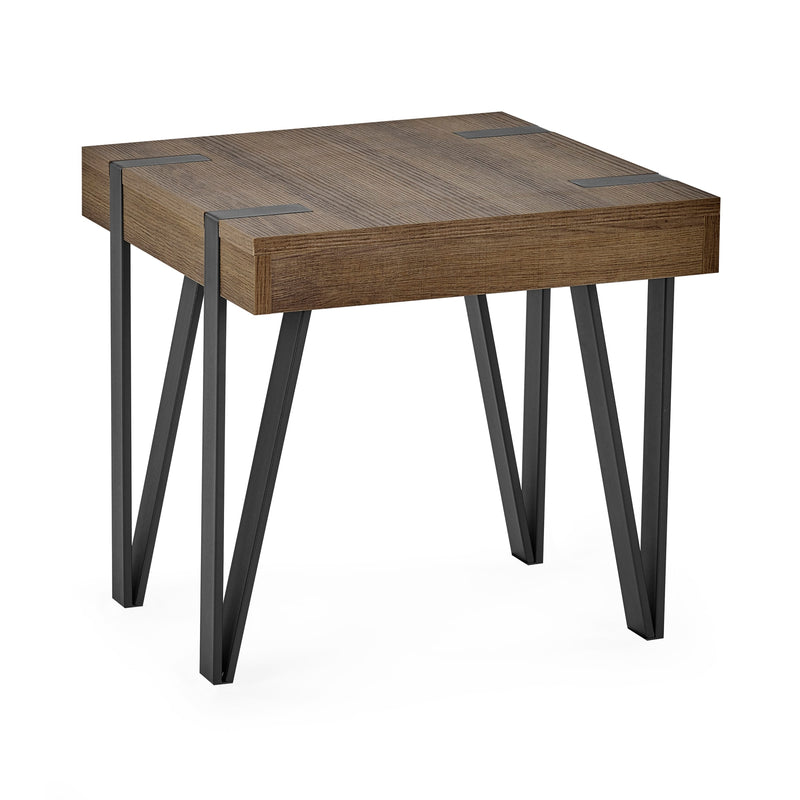 Wooden side table with metal legs on a white background