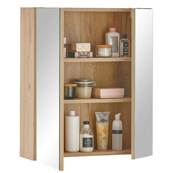 Wooden cabinet with shelves containing various items on a white background