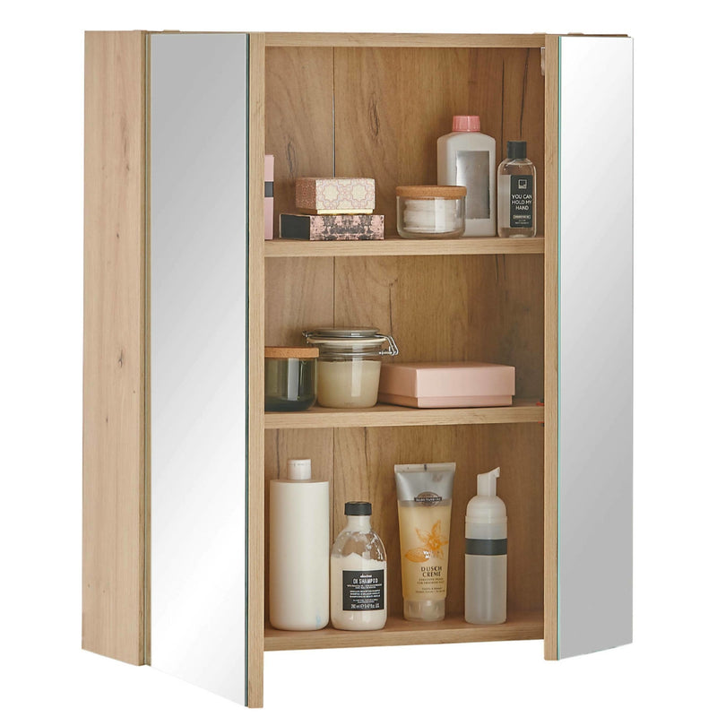 Wooden cabinet with shelves containing various items on a white background