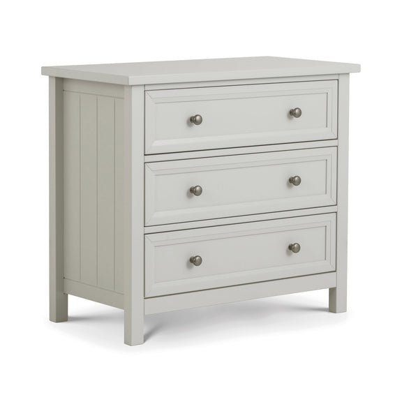 Light gray dresser with three drawers on a white background