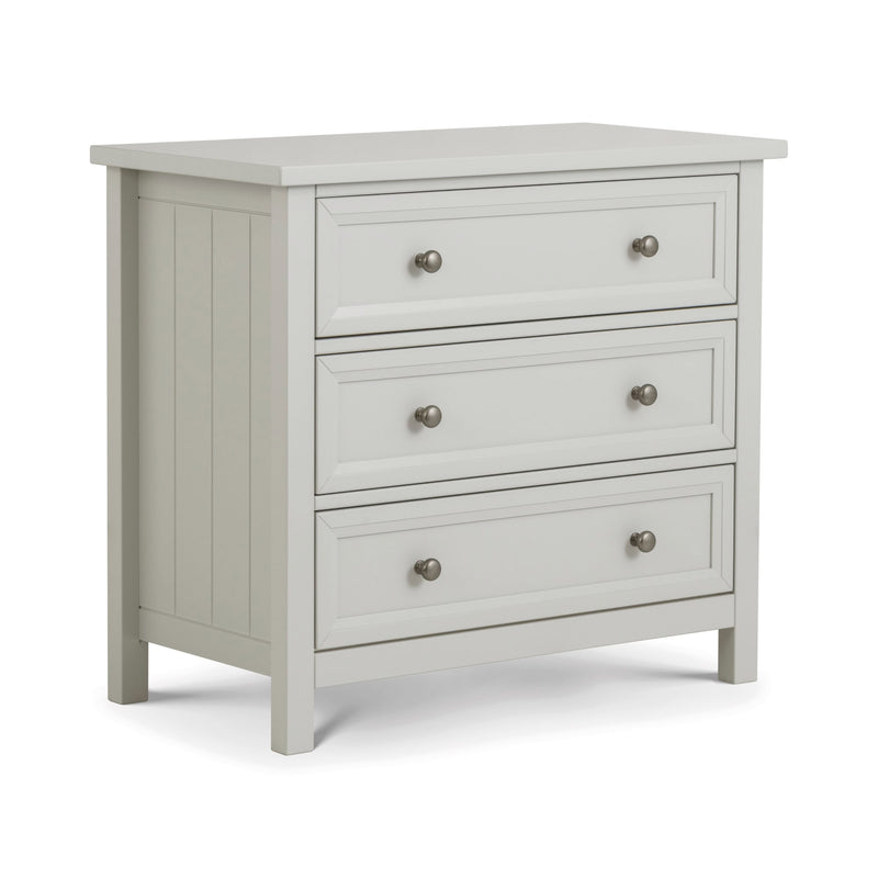 Light gray dresser with three drawers on a white background