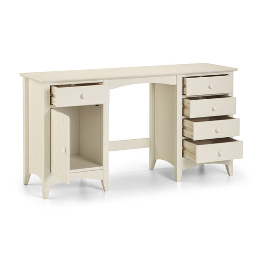 White desk with multiple drawers on a white background