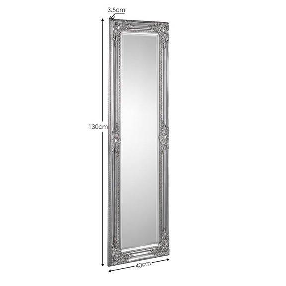 Silver framed mirror with dimensions on a white background