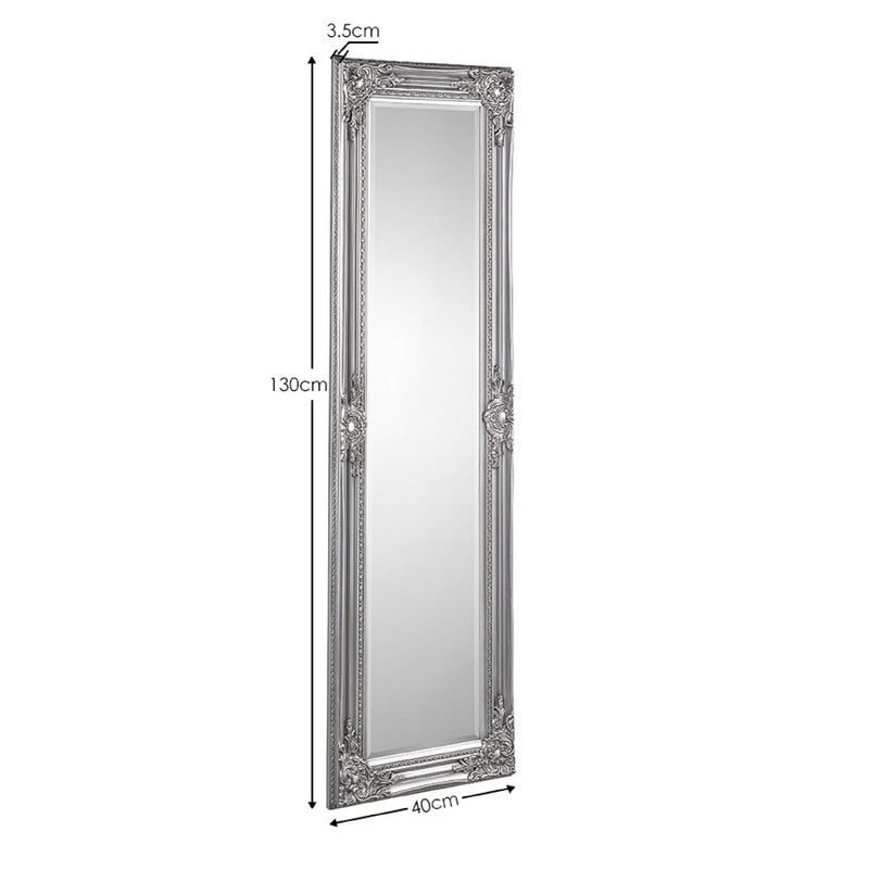 Silver framed mirror with dimensions on a white background