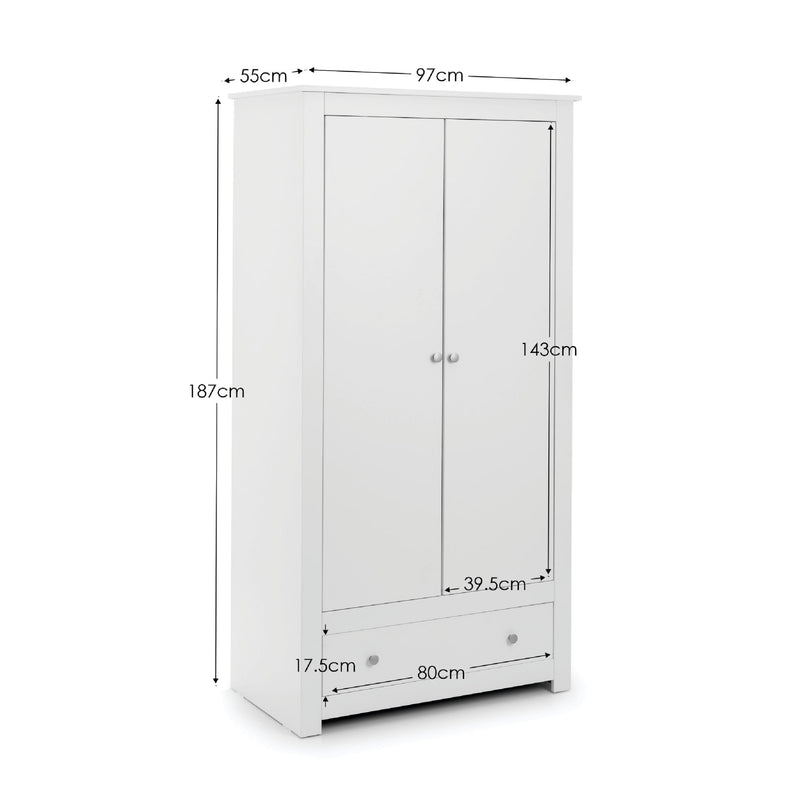 White wardrobe with dimensions labeled on a white background