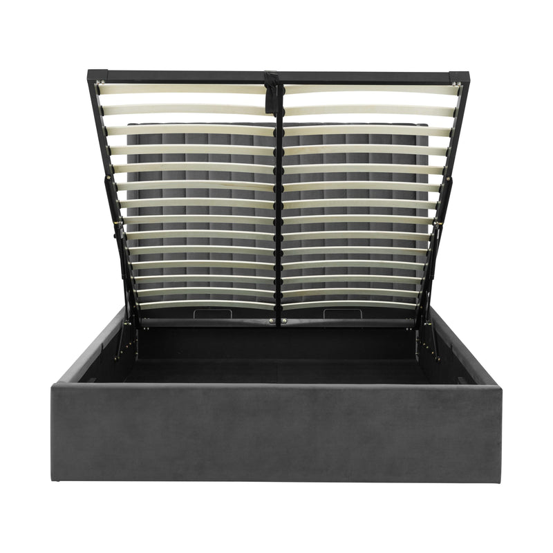 Black metal bed frame with open headboard on a white background