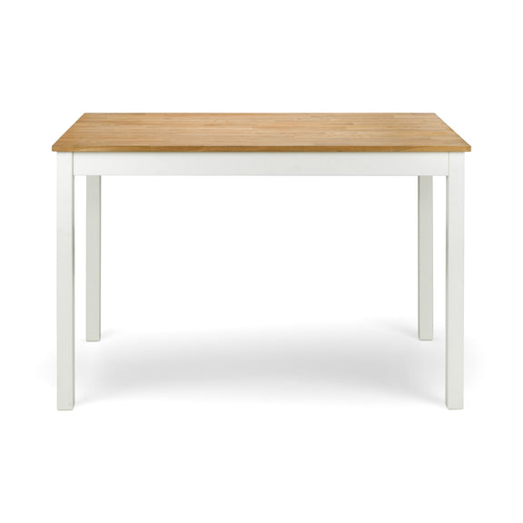Dining table with wooden top and white base on a white background