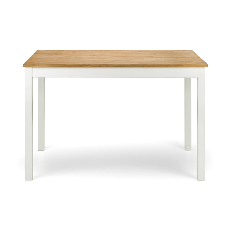 Dining table with wooden top and white base on a white background