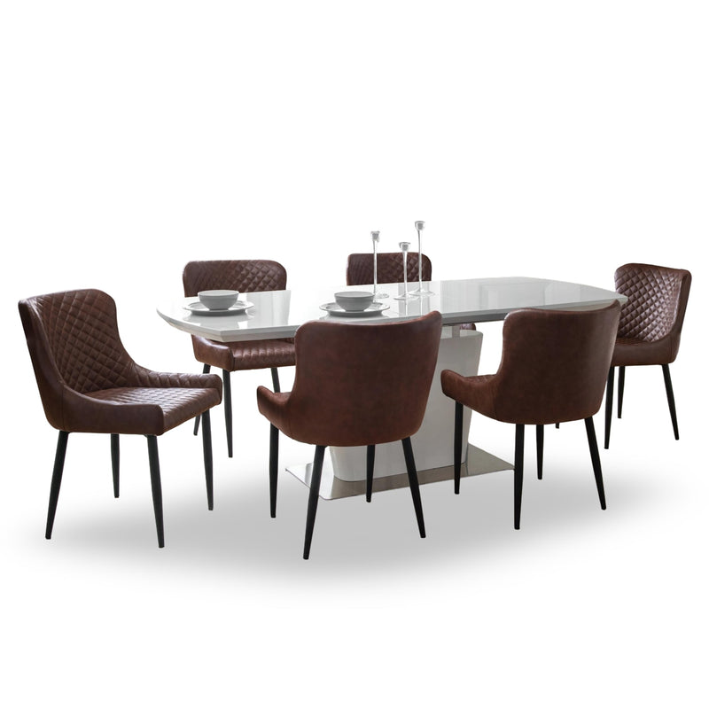 Dining table set with six brown chairs on a white background