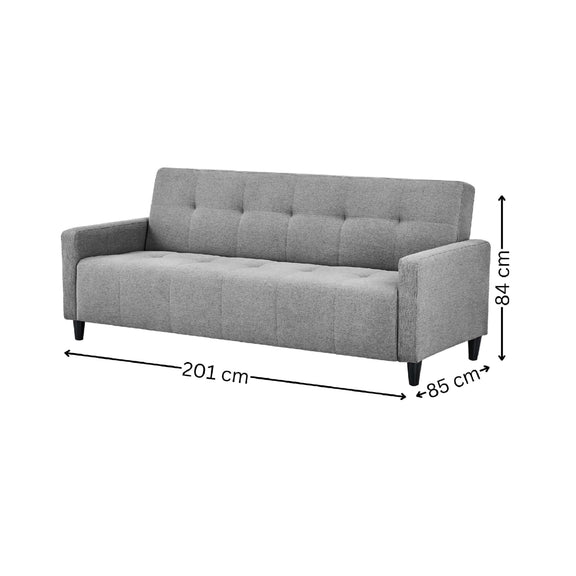 Gray sofa with dimensions indicated on a white background