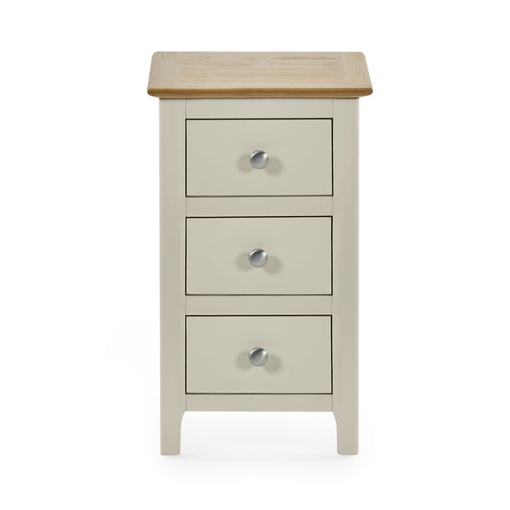 Three drawer white nightstand with oak finish top front view