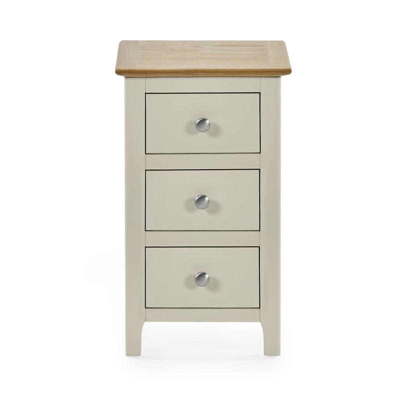 Three drawer white nightstand with oak finish top front view
