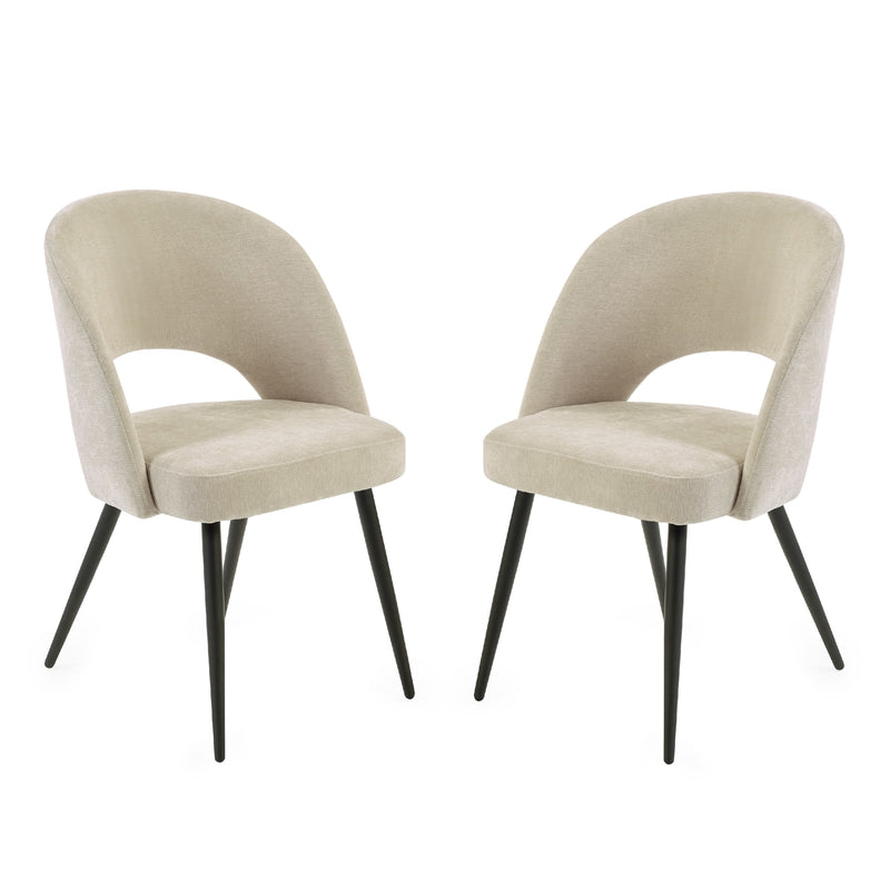 Two beige upholstered chairs with black legs on a white background
