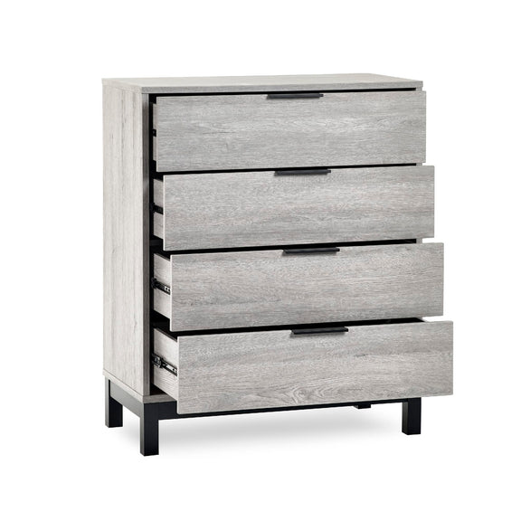 Gray wooden dresser with four drawers on a white background