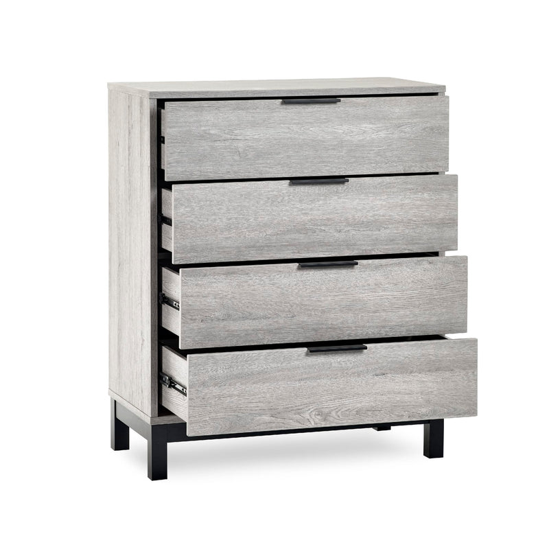 Gray wooden dresser with four drawers on a white background