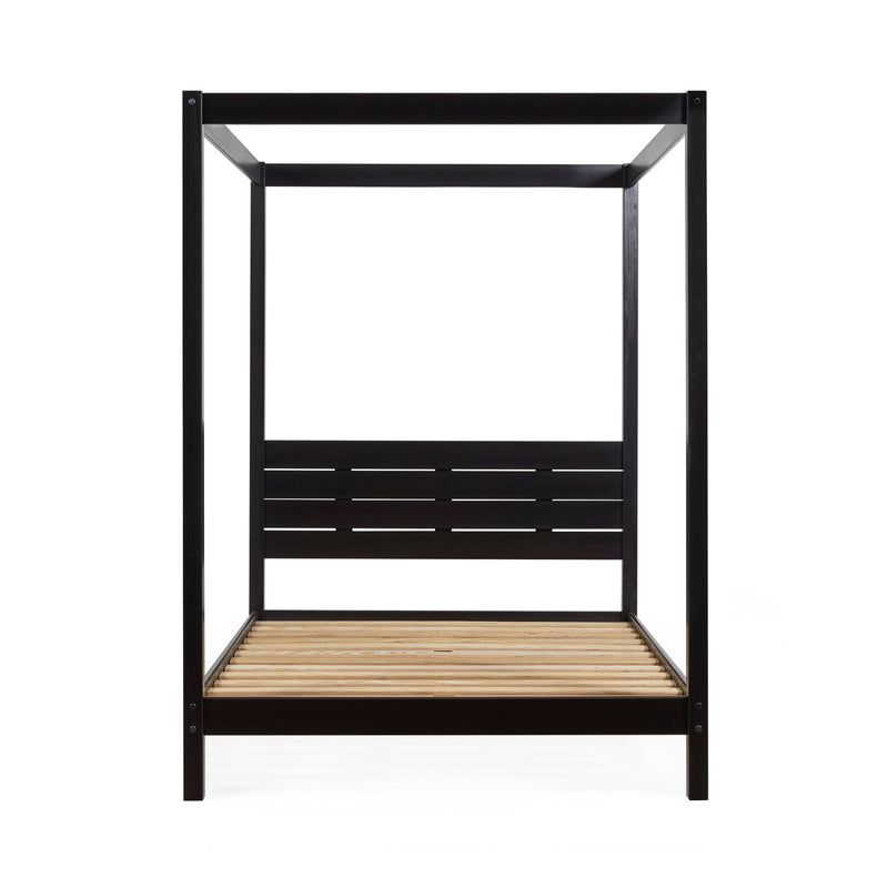 Black metal bed frame with wooden slats on a white background