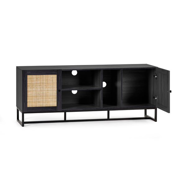 Black entertainment console with wicker panel on a white background