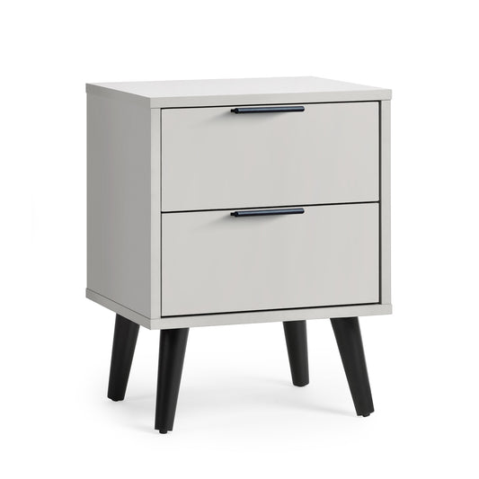 White nightstand with two drawers and black legs on a white background