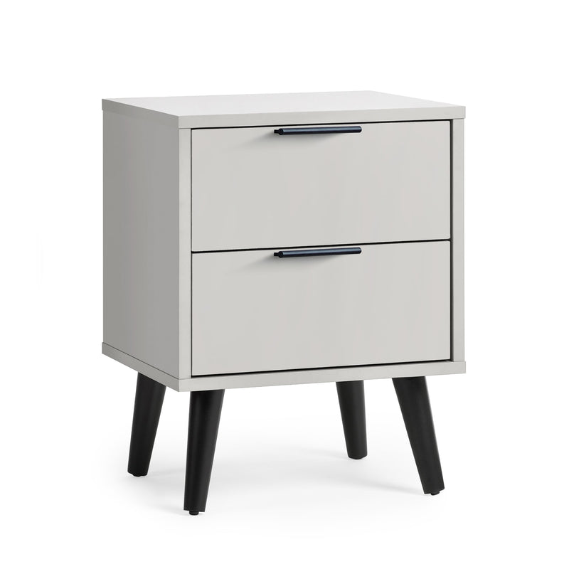 White nightstand with two drawers and black legs on a white background