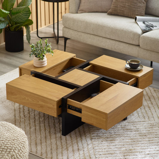 Wooden coffee table with storage compartments in a living room setting
