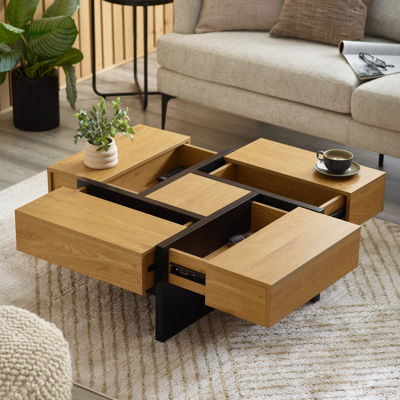 Wooden coffee table with storage compartments in a living room setting