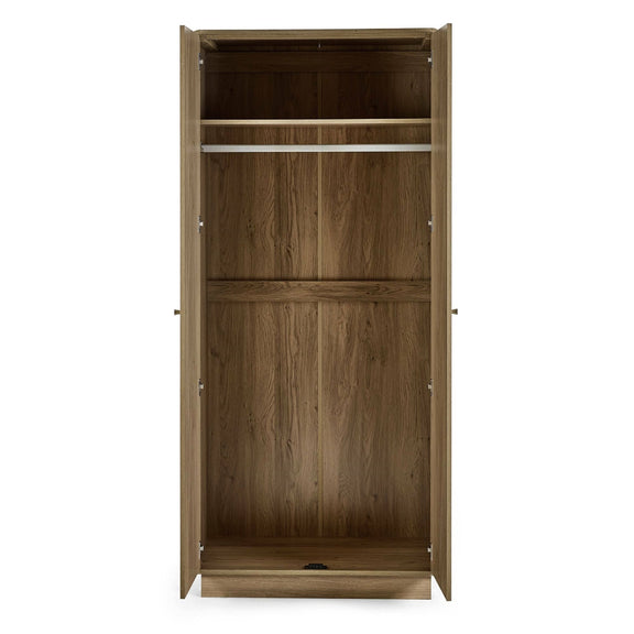 Wooden wardrobe with open doors on a white background