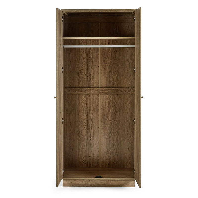 Wooden wardrobe with open doors on a white background