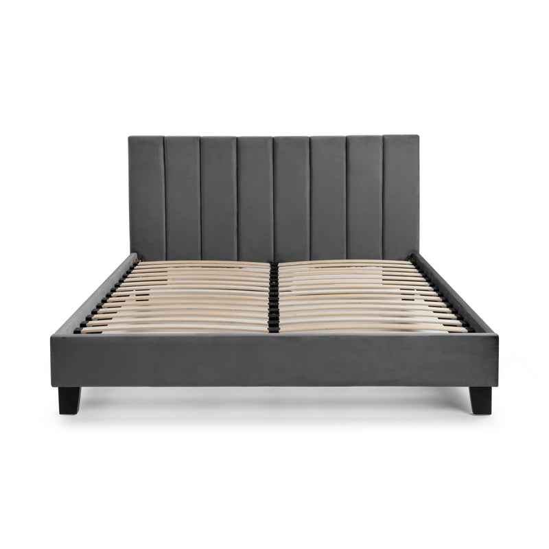 Gray upholstered bed frame on a white background