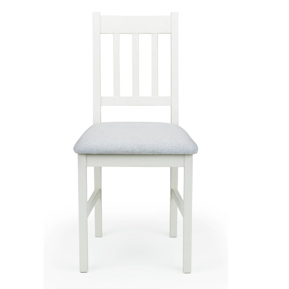 White wooden chair with a light gray cushion on a white background