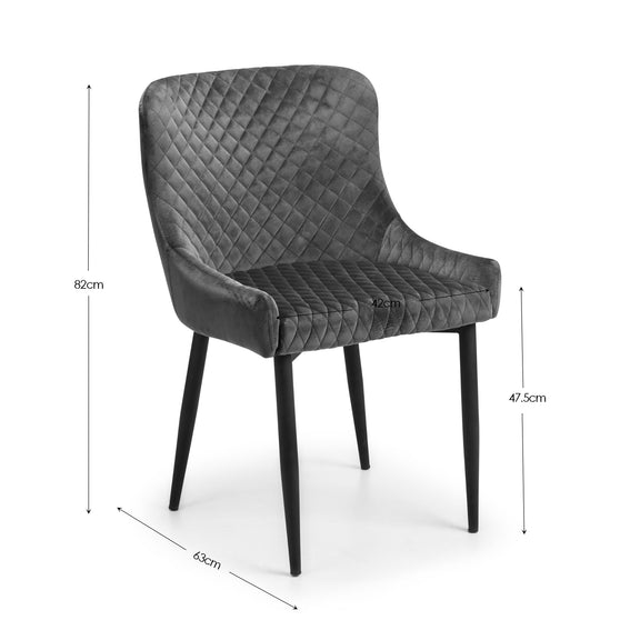 Gray quilted chair with dimensions on a white background