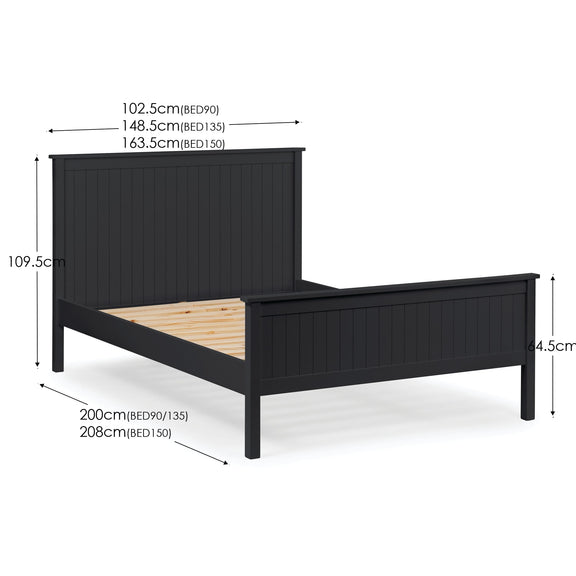 Black wooden bed with dimensions labeled on a white background