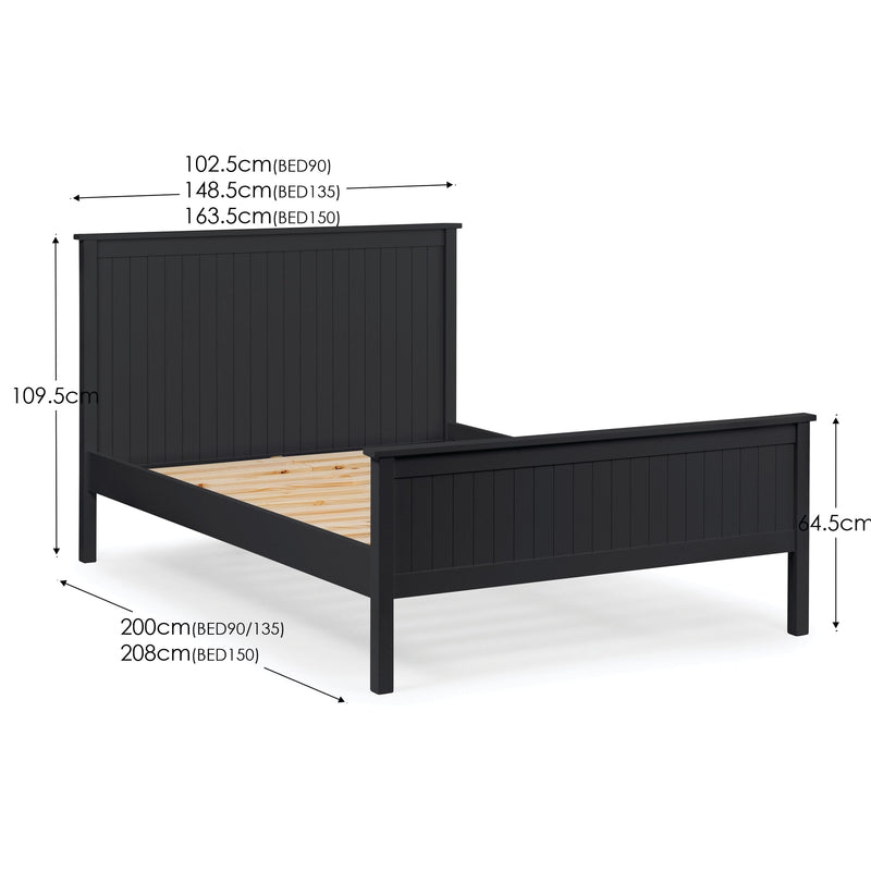 Black wooden bed with dimensions labeled on a white background