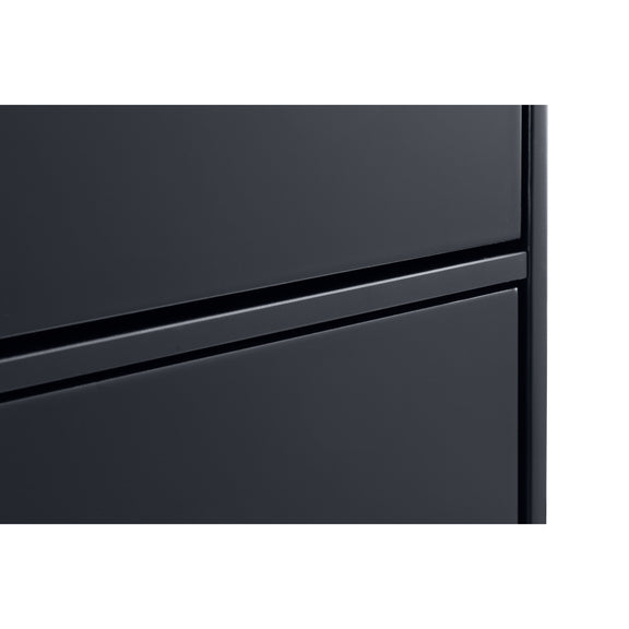 Close-up of a black refrigerator with a metallic finish on a white background