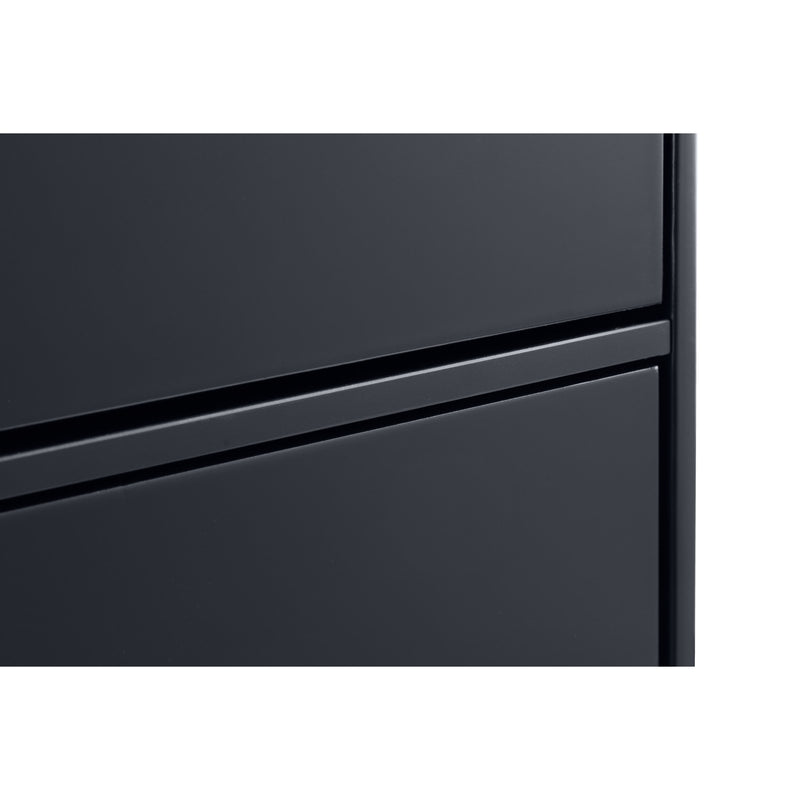 Close-up of a black refrigerator with a metallic finish on a white background