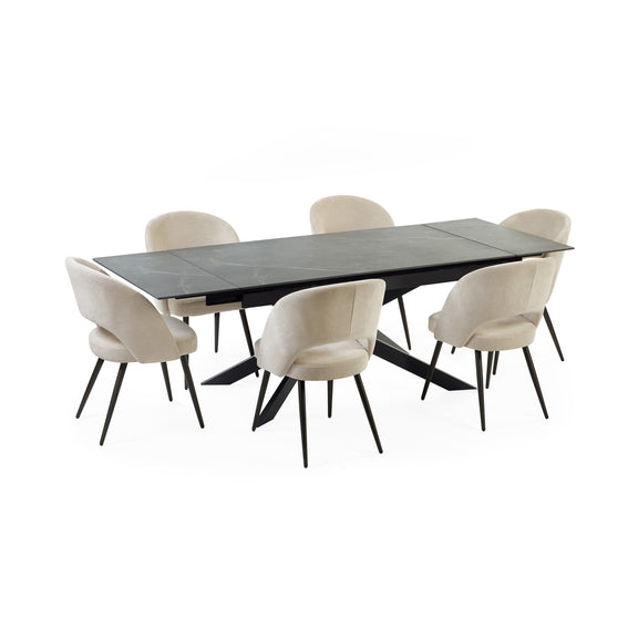 Dining table with six beige chairs on a white background