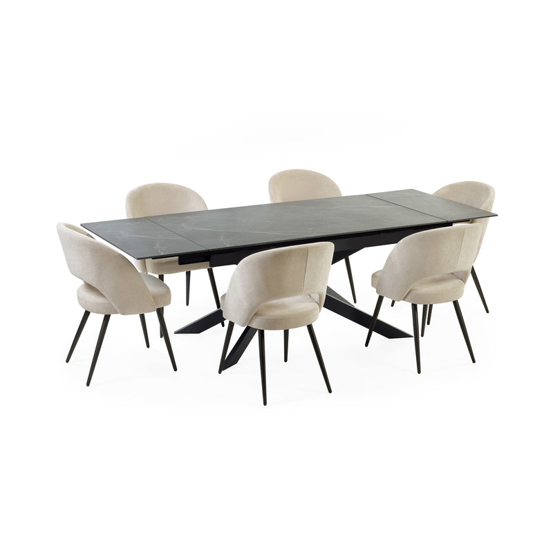 Dining table with six beige chairs on a white background