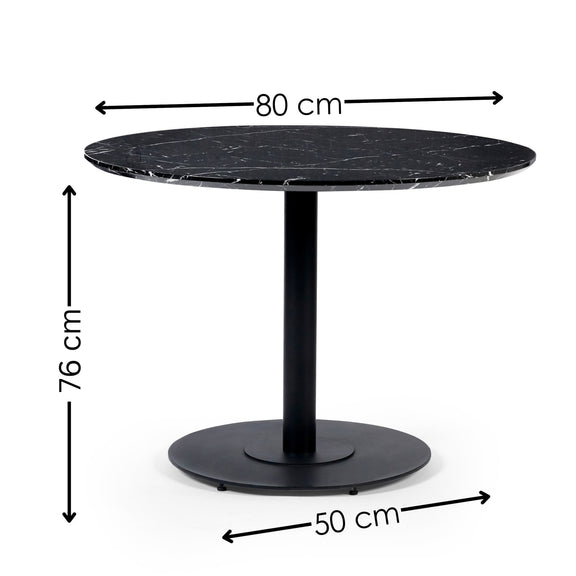 Black round table with dimensions labeled on a white background