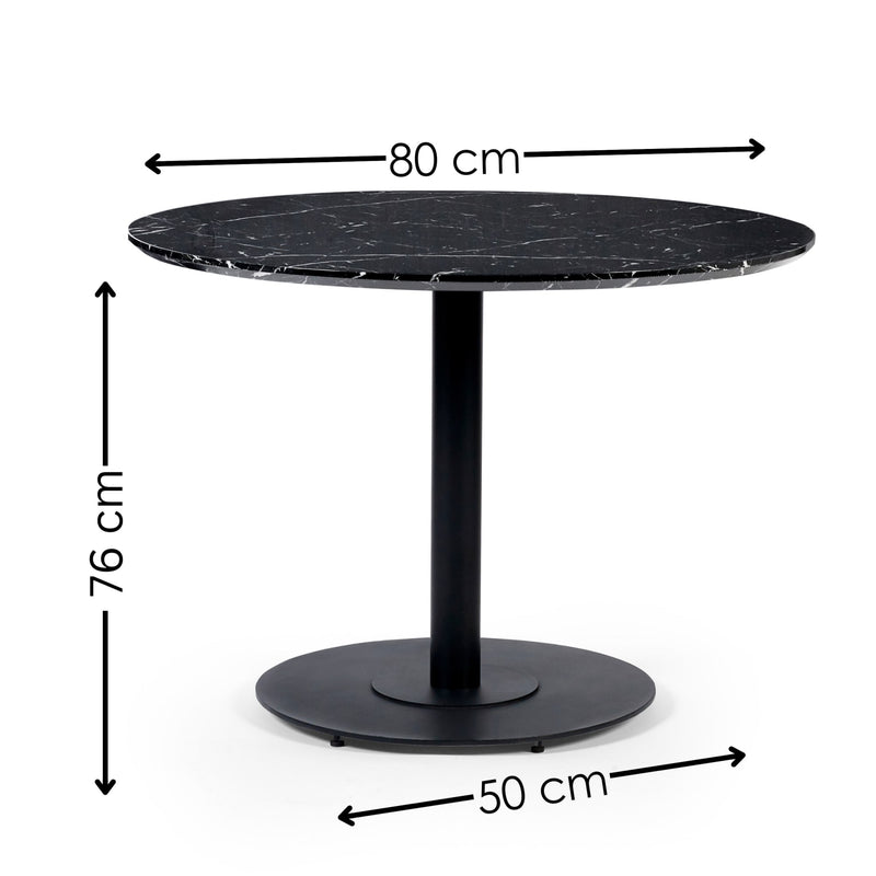 Black round table with dimensions labeled on a white background
