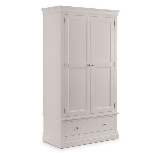 Light gray wardrobe with two doors and a drawer on a white background