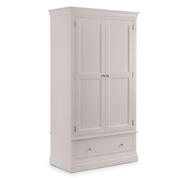 Light gray wardrobe with two doors and a drawer on a white background