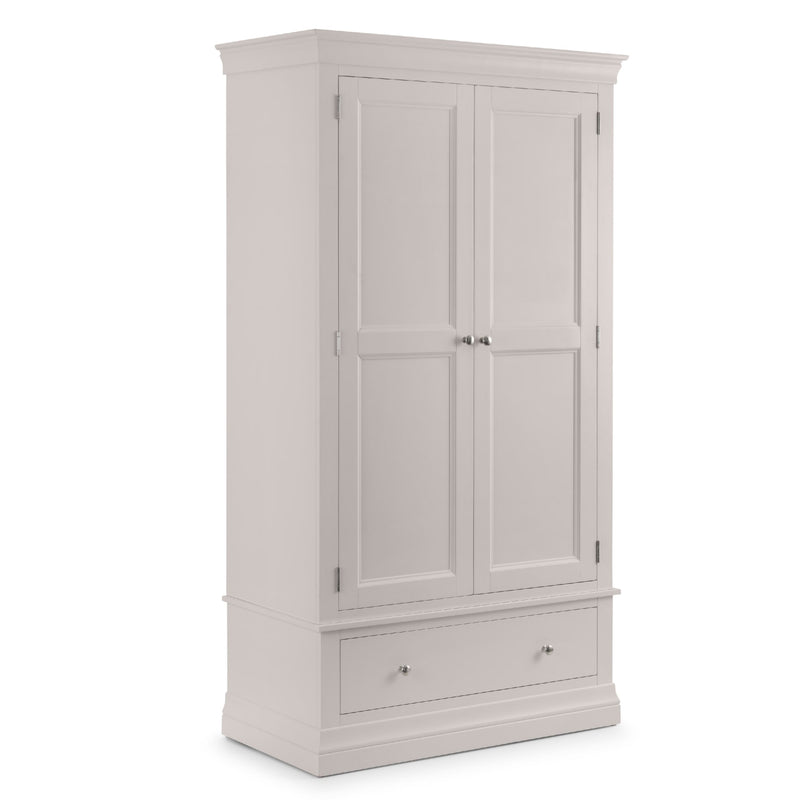 Light gray wardrobe with two doors and a drawer on a white background