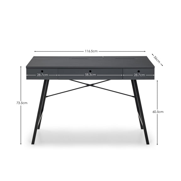 Black desk with dimensions labeled on a white background