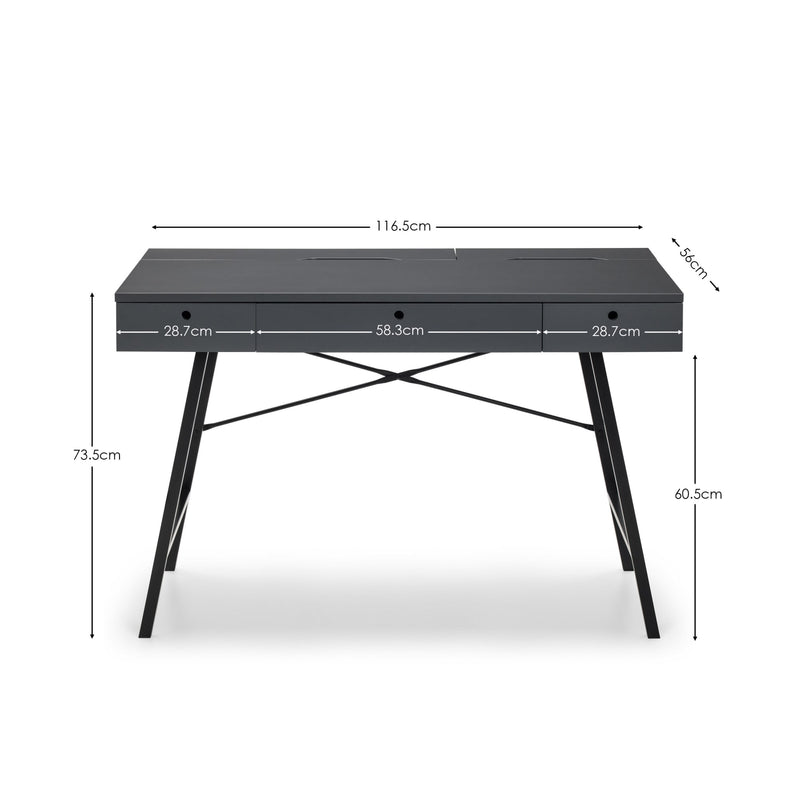 Black desk with dimensions labeled on a white background